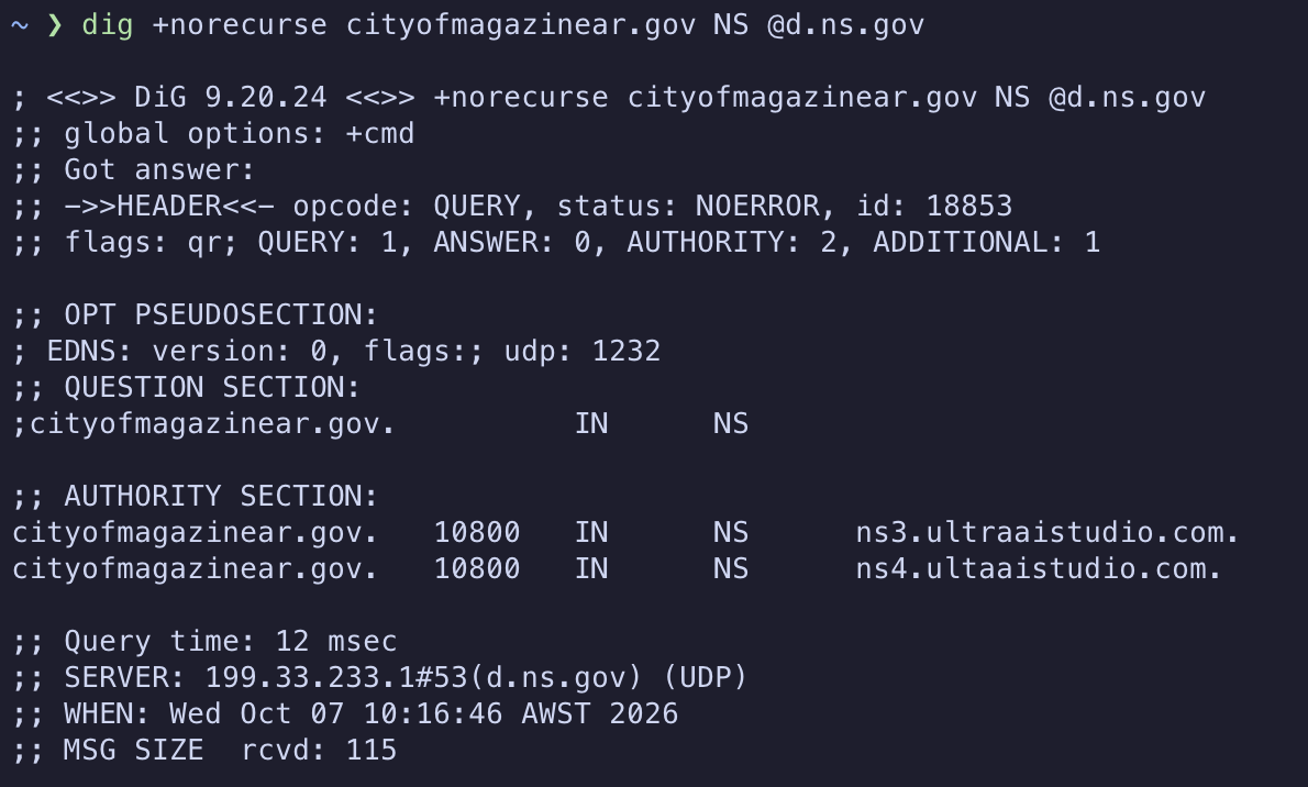NS records for cityofmagazinear.gov