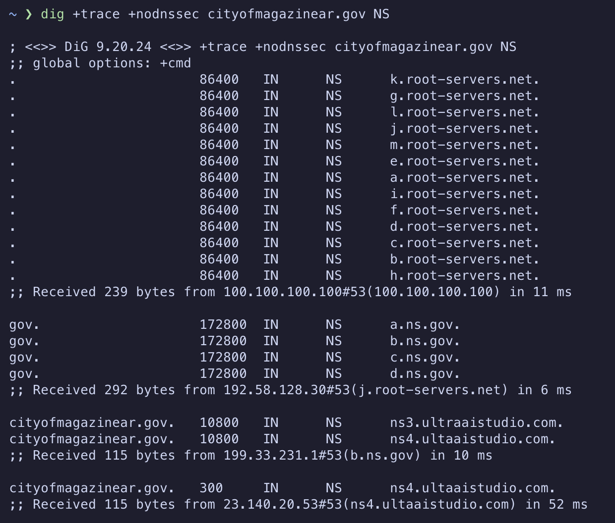 dig +trace for cityofmagazinear.gov NS